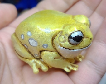 Gold Spectral Tree Frog Friend- Hand painted Resin Frog Figurine - Small - Cute Desk Pet  Sculpture