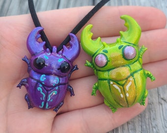 Cute Stag Beetle Necklace - Metallic Hand Painted Resin Bug Jewelry - Pendant or Figure