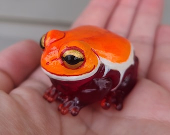 Blood Orange Tree Frog Friend- Hand painted Resin Frog Figurine - Cute Desk Pet  Sculpture