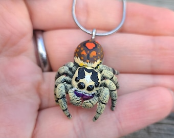 Jumping Spider Necklace - Multiple Species - Hand Painted Resin Spider - Stainless Steel Chain