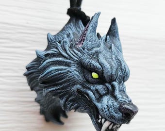 Snarling Werewolf Head Necklace - Hand Painted Resin Jewlery - Gray Wolf