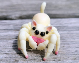 Jumping Spider Kitty Figure - Cute Hand Painted Resin White Spider Creature