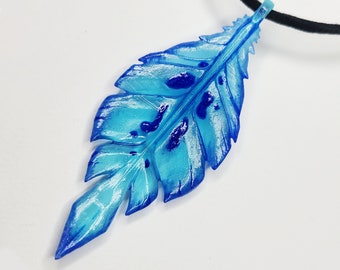 Aqua Avali Tail Feather Necklace - Water Elemental Space Birb - Hand Painted Resin Pendant