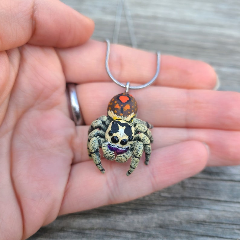 May include: A silver chain necklace with a colorful jumping spider pendant. The spider is made of polymer clay and has black, white, orange, and red details.