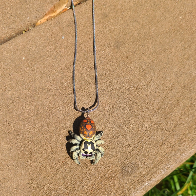 May include: A silver chain necklace with a black, orange, and white spider pendant. The spider has a detailed design and is a realistic representation of a spider.