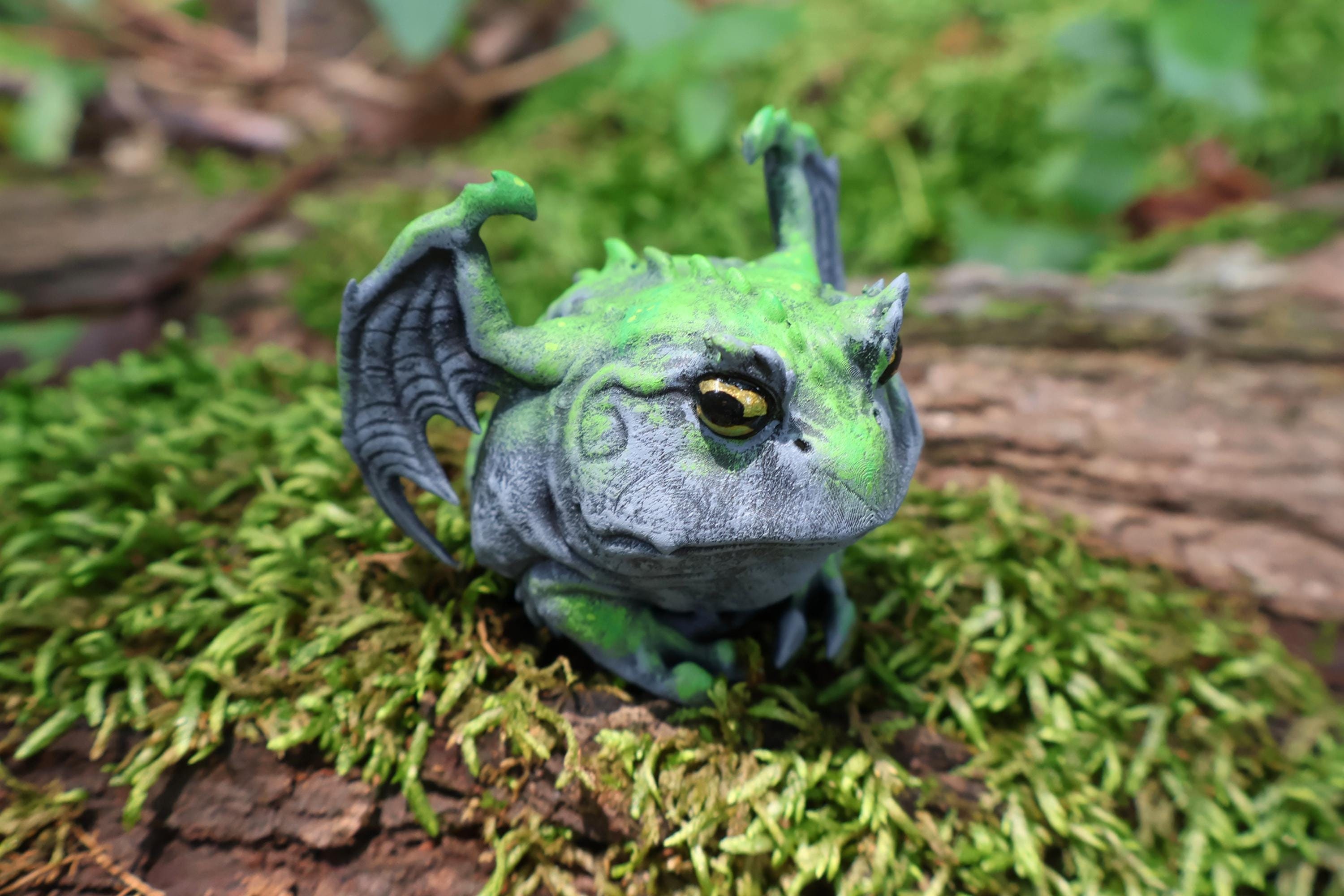 Mossy Frogoyle Gargoyle Pacman Frog Figure - Hand Painted Resin