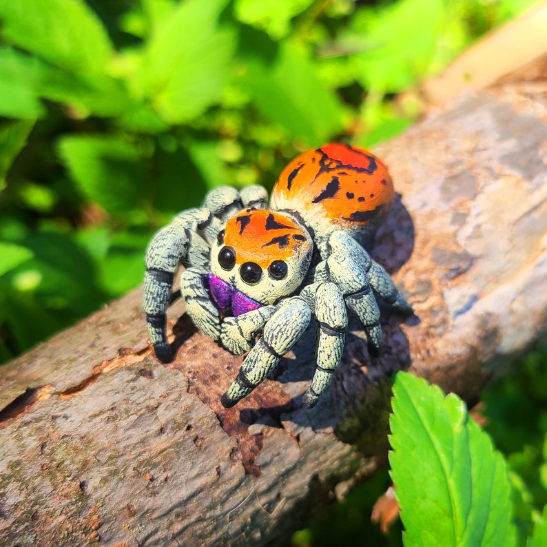 May include: A close-up of a colorful, realistic jumping spider figurine with orange, black, and white markings. The spider is perched on a piece of weathered wood with green foliage in the background.