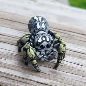 May include: A black, white, and yellow painted jumping spider figurine. The spider has large, round eyes and a detailed pattern on its back.