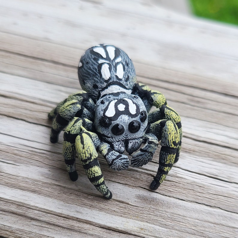 May include: A black, white, and yellow painted jumping spider figurine. The spider has large, round eyes and a detailed pattern on its back.