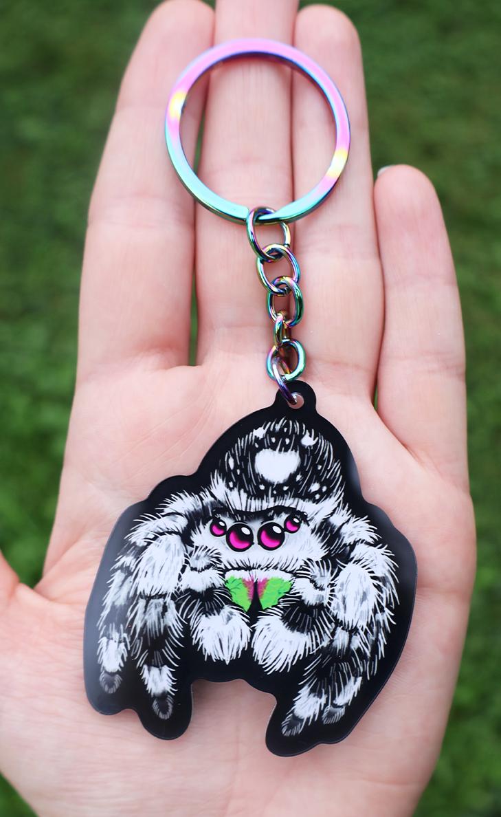 Regal Jumping Spider Double-sided Keychain With Rainbow Metal