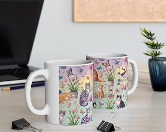 Whimsical Cat and Butterfly Ceramic Coffee Cups, 11oz, 15oz - Perfect for Cat Lovers, Gift for Birthdays, Spring Decor, Tea Enthusiasts,