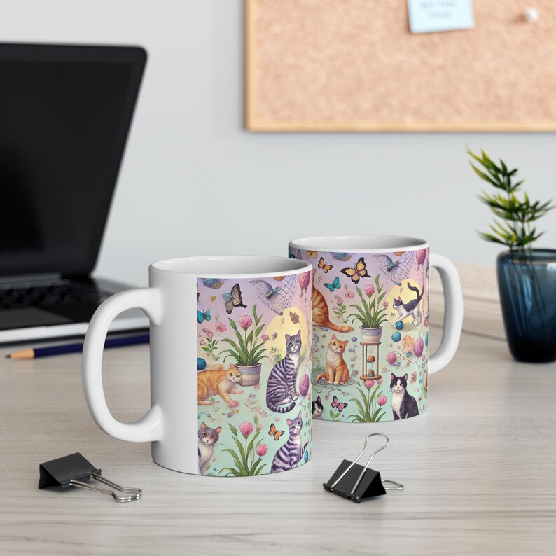 Cute Graffiti Butterfly and Cat Cream Ceramic Mug