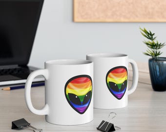 Rainbow Alien Ceramic Coffee Cup Fun Chakra  LGBTQ Gift, 11oz, 15oz Mugs, Pride Celebration, Unique Alien Design, Coffee Lovers