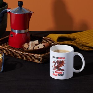 Dragon Themed Coffee Mug  I Run on Caffeine, Perfect Gift for Gamers, Fantasy Lovers, or Coffee Enthusiasts, D&D Inspired, Dragon Lover