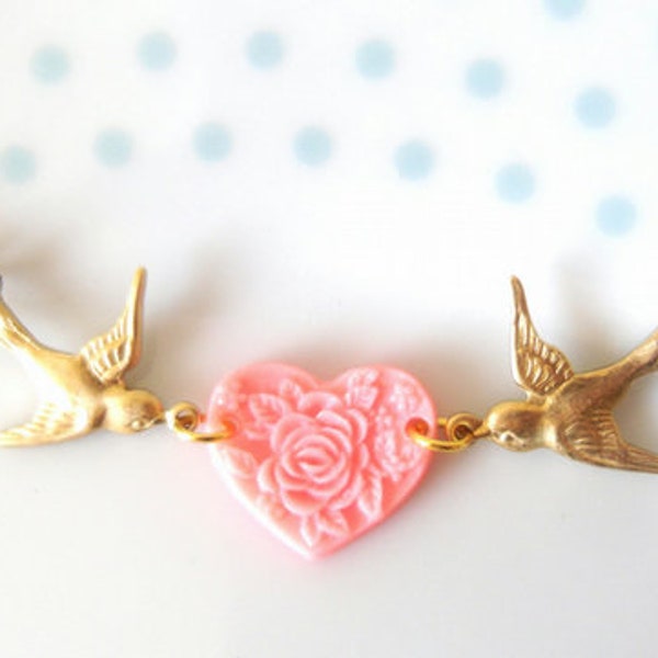 Gold & Pink Heart Double Swallow Charm Necklace, Bird, Nature, Animal, Love, Sparrow Necklace, Swallow Jewellery