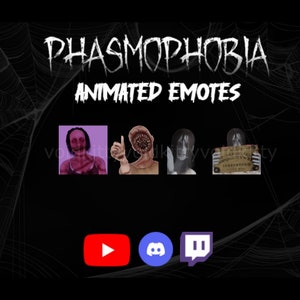 Könnte beinhalten: Animierte Emotes für das Spiel Phasmophobia, mit einer Frau mit langen schwarzen Haaren, einer Kreatur mit großen Augen, einem Geist und einem Ouija-Brett. Die Emotes werden auf einem schwarzen Hintergrund mit einem Spinnennetz-Muster angezeigt. Die Logos für YouTube, Discord und Twitch werden am unteren Rand des Bildes angezeigt.