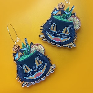 Vintage Styled Black Cat Halloween Acrylic Steel Hoop - Hallowtiki Tiki Earrings - Trick or Treat - from Carrie Anne Hudson Art