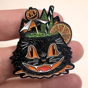 Halloween Tiki - Black Cat Vintage Style Enamel Pin - Hallowtiki - Halloween Accessories - Summerween Tropical - Carrie Anne Hudson Art