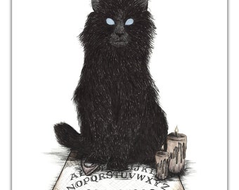 Gothic Art Print - "I Can Never Find You"-  9x12 - Ouija Board - Black Cat - Dark Art - by Carrie Anne Hudson