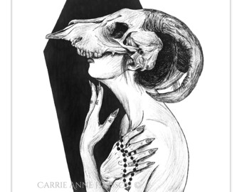 Gothic Art Print - "In Darkness"-  Haunted - Coffin - Goat Skull Illustration- Giclee - Dark Art - by Carrie Anne Hudson