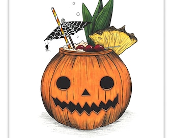 Halloween Tiki Art Prints - Summerween Pumpkin - Gothic Tiki -8x10- Tropical Prints - Jack-O-Lantern - Hallowtiki - Carrie Anne Hudson Art