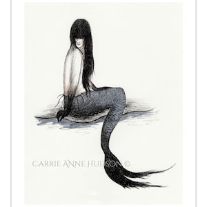 May include: A black and white illustration of a mermaid with long black hair sitting on a rock with her tail in the water. The mermaid is looking over her shoulder.