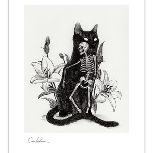 Gothic Art Print - "In the End"-  8x10 - Black Cat and Skeleton Illustration - Gothic Decor - Dark Art - by Carrie Anne Hudson