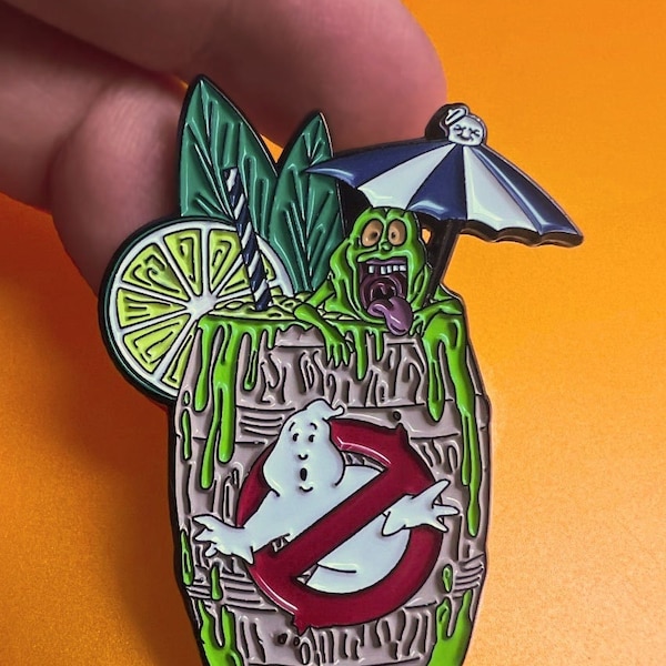 Halloween Tiki - Ghostbusters Inspired Enamel Pin - Hallowtiki - Slimer Tiki Pin - Gothic Accessories - Summerween - Carrie Anne Hudson Art