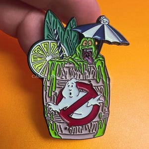 Halloween Tiki - Ghostbusters-Inspired Enamel Pin - Hallowtiki - Slimer Tiki Pin - Gothic Accessories - Summerween - Carrie Anne Hudson Art