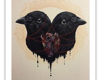 Gothic Art Print - Raven Heart Strings - 8x10 - Black Crow Artwork - Spooky Macabre Decor - Dark Art - by Carrie Anne Hudson