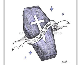 Gothic Art Print - "Til Death Do Us Part"-  8x8 - Coffin and Bat Decor - Dark Art - by Carrie Anne Hudson