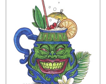 Tiki of Greed - YuGiOh Pot of Greed Inspired Tiki Art Print - Anime - Hallowtiki - Summerween - 8 x 10 - Carrie Anne Hudson Art