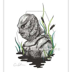 Creature From the Black Lagoon Inspired Dark Art Print - Swamp Monster - Universal Horror Classic Art - by Carrie Anne Hudson