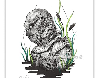 Creature From the Black Lagoon Inspired Dark Art Print -  8x10 - Swamp Monster - Universal Horror Classic Art - by Carrie Anne Hudson