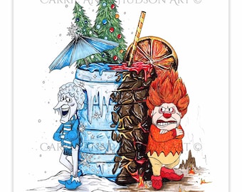 Heat and Snow Miser Christmas Tiki Art Prints - Nostalgic Tiki Holiday - Hallowtiki - Carrie Anne Hudson Art