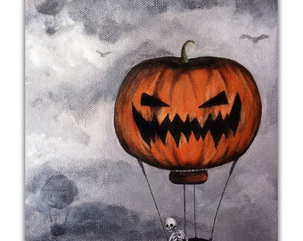 Halloween Jack-o-Lantern Art Print - Spooky Hot Air Balloon - 5x7 - Gothic Macabre Decor - Pumpkin Dark Art - by Carrie Anne Hudson