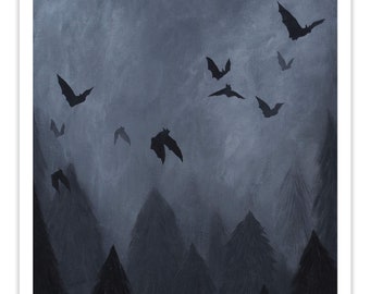 Dark Art Print - Bats Flying Over Trees - 8.5x11 - Gothic Fine Art Giclee Print - Gothic Art - by Carrie Anne Hudson