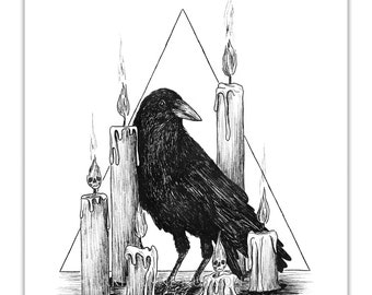 Gothic Art Print - Raven with Melting Candles - 8x10 - Spooky Macabre Decor - Crow Dark Art - by Carrie Anne Hudson