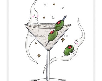 5x7- Dirty Olive Martini - Ghost Cocktail - "Ghost-tini" Dark Spooky Art from Carrie Anne Hudson