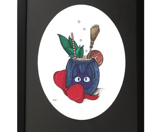 Kiki Tiki Original Illustration - Framed Kiki's Delivery Service Inspired Artwork - Studio Ghibli Jiji Cat - Carrie Anne Hudson