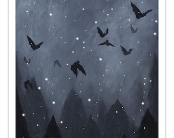 Dark Art Print - Winter Bats Flying Over Trees in Snow - 8.5x11 - Gothic Fine Art Giclee Print - Gothic Art - by Carrie Anne Hudson