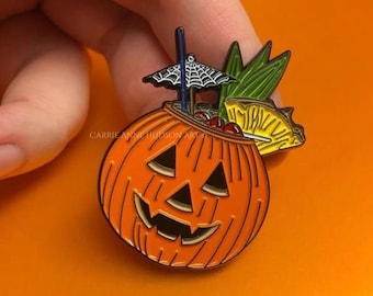 Halloween Tiki - Jack-o-Lantern Pumpkin Enamel Pin - Hallowtiki - Tiki Pin - Halloween Accessories - Summerween - Carrie Anne Hudson Art
