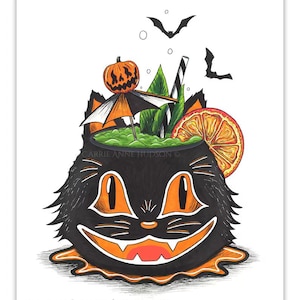 Vintage Black Cat Inspired Tiki Art Print - Hallowtiki - Summerween - Halloween Gothic Art - Carrie Anne Hudson Art