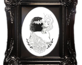 Bride of Frankenstein Framed Original Illustration - Horror Pop Culture Art - Universal Monsters - Carrie Anne Hudson