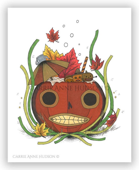 Over the Garden Wall-Inspired Tiki Art Print - Hallowtiki - Falloween - Summerween - Halloween Pumpkin Art - Carrie Anne Hudson Art