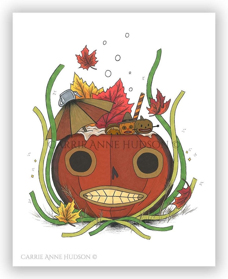 K&ouml;nnte beinhalten: Eine handgemalte Illustration einer K&uuml;rbislaterne mit einem l&auml;chelnden Gesicht. Der K&uuml;rbis ist gef&uuml;llt mit Herbstbl&auml;ttern, einem kleinen Regenschirm und einem Strohhalm mit einem Zuckerrohr. Der Hintergrund ist wei&szlig; mit gr&uuml;nen Ranken und kleinen gelben Sternen.