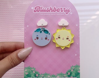 Weather Besties Moon and Sun Stud Dangle Earrings • Lightweight, Comfortable, Hypoallergenic, Acrylic