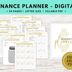May include: A digital finance planner with 34 pages, letter size, and fillable PDF format. The planner includes pages for tracking yearly income, net worth, expenses, bills, paycheck budget, a no-spend challenge, savings jar, and sinking funds. The cover features a gold dollar sign with the text "BUDGET PLANNER" and a gold circle with the text "EDITABLE PDF".