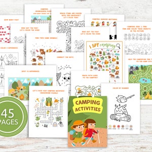 Puede incluir: Un conjunto de 45 páginas de actividades de campamento imprimibles para niños. Las páginas presentan una variedad de actividades, que incluyen búsquedas de palabras, conectar los puntos, colorear por números y mucho más. Las páginas están ilustradas con lindos dibujos con temática de campamento.