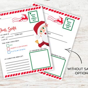 Op de afbeelding: Een printbare kerstbrief aan de kerstman met een tekenruimte voor kinderen. De brief bevat een sectie voor de naam van het kind, zijn leeftijd en een plek om zijn kerst verlanglijstje te schrijven. De brief bevat ook een sectie waar het kind kan aangeven of het dit jaar braaf of stout is geweest. De brief is versierd met een rood-wit gestreepte rand en een groene en rode kerstman illustratie.